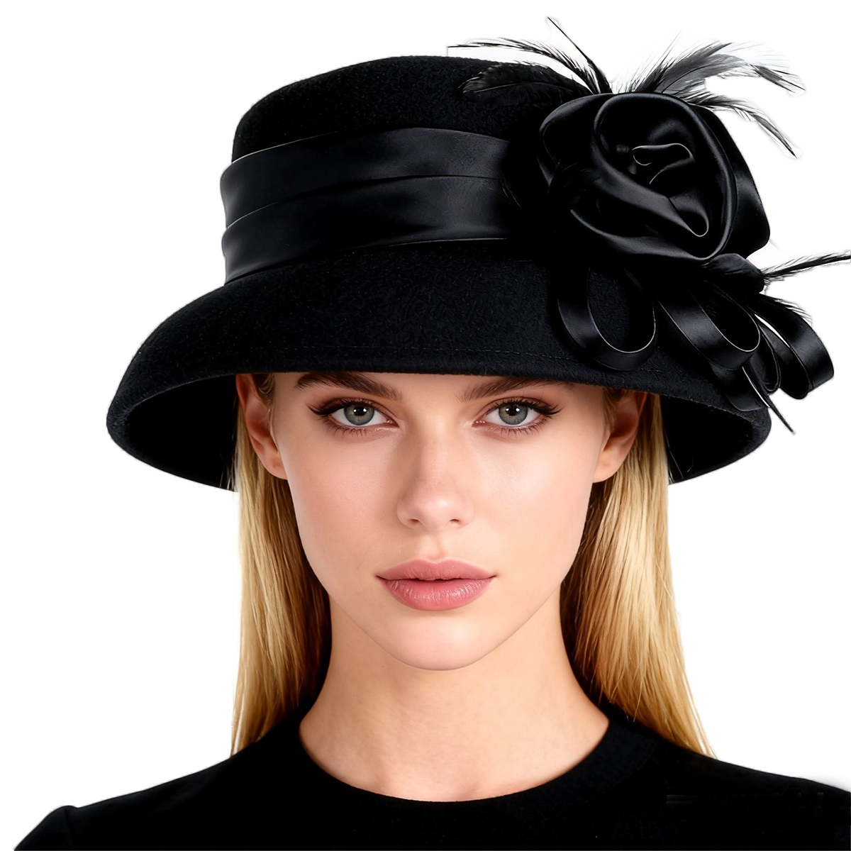 Fedora Hat Wool - المرأة الصوف الأسود ورأى قاء زجاجي